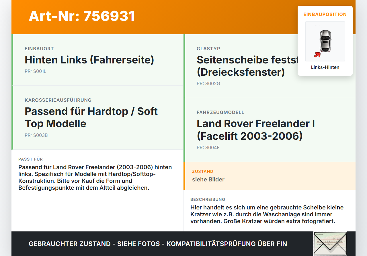 Land Rover Freelander 03-06 LH Dreieck Seitenscheibe Links Hinten Land Rover Freelander 03-06 25.03.2004 gebraucht Vorschau 3