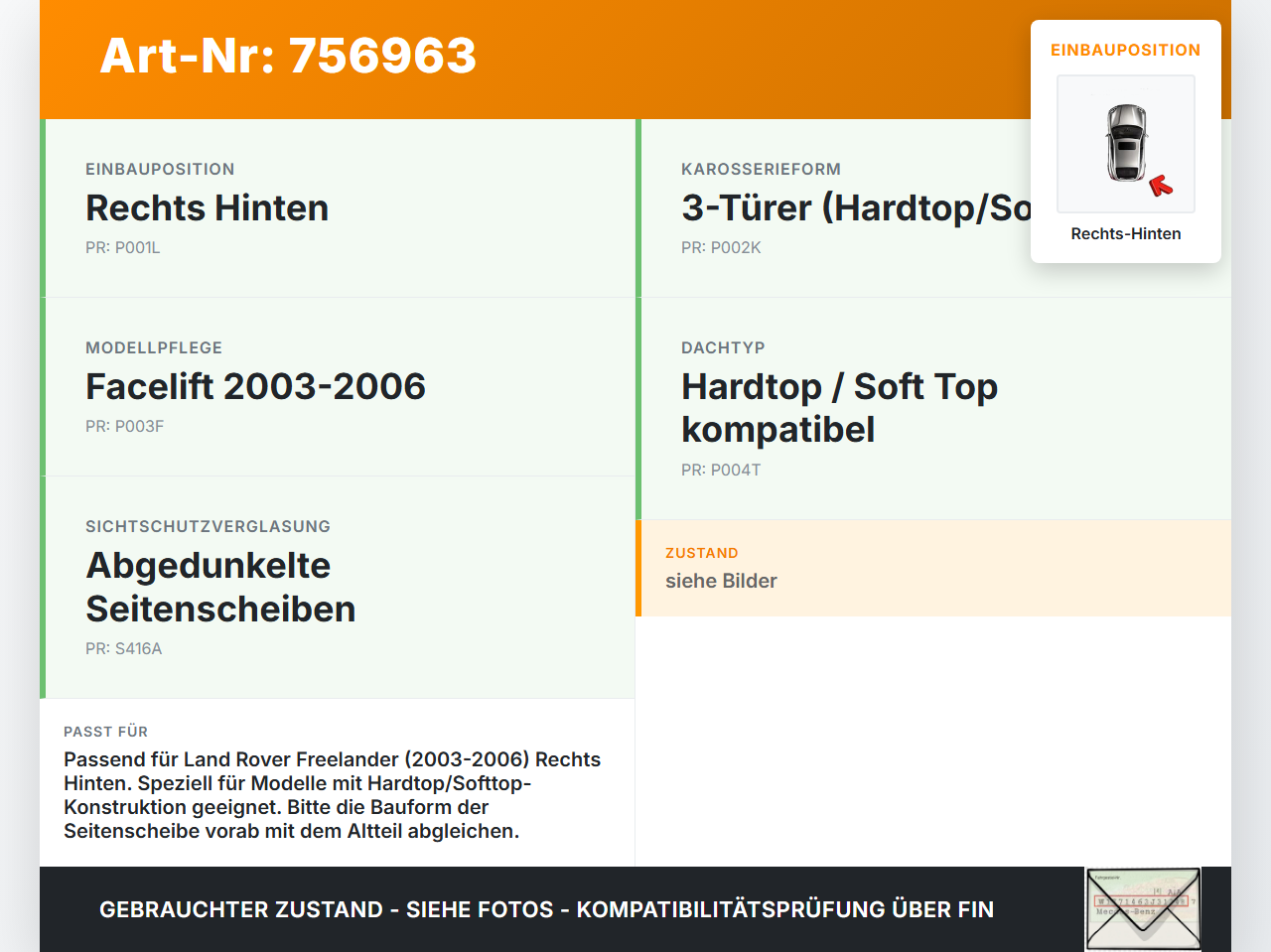 Land Rover Freelander 03-06 Dichtung für Seitenscheibe Rechts Hinten Land Rover Freelander 03-06 25.03.2004 gebraucht Vorschau 3
