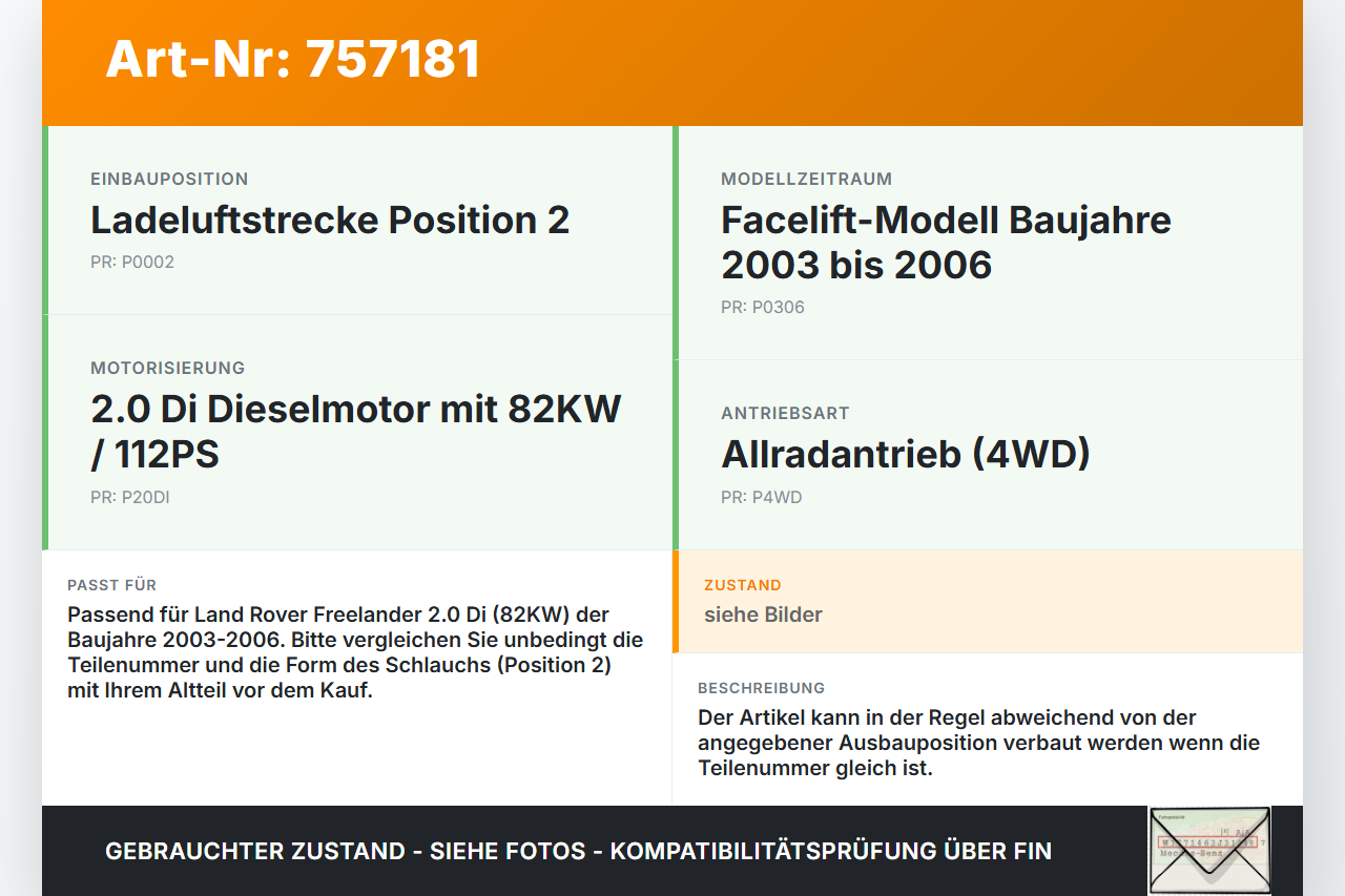 Land Rover Freelander 03-06 2,0 Di 82KW Ansaugrohr Ladeluftschlauch Luftschlauch Pos.2 Land Rover Freelander 03-06... Vorschau 3