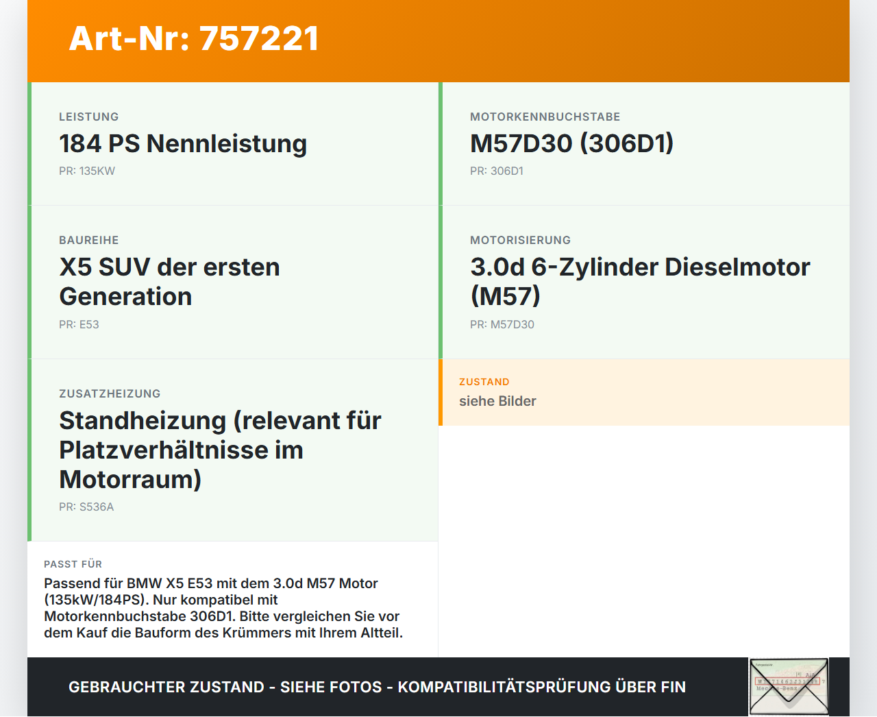 BMW E53 X5 01-03 3,0d 135KW 306D1 M57 Abgaskrümmer BMW E53 X5 01-03 21.02.2002 gebraucht Vorschau 3