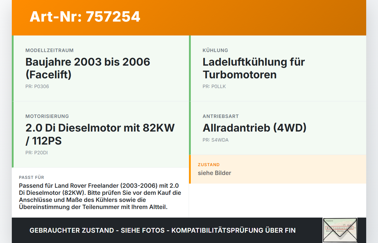 Land Rover Freelander 03-06 2,0 Di 82KW Ladeluftkühler Kühler Land Rover Freelander 03-06 25.03.2004 gebraucht Vorschau 3