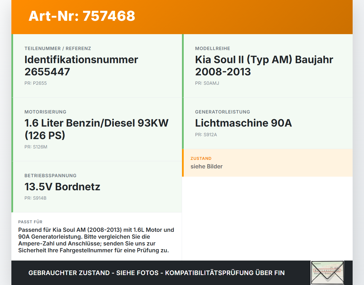 Kia Soul II AM 08-13 1,6 93KW Lichtmaschine Generator 90A 13.5V Kia Soul II AM 08-13 07.05.2009 2655447 37300-2B101... Vorschau 3