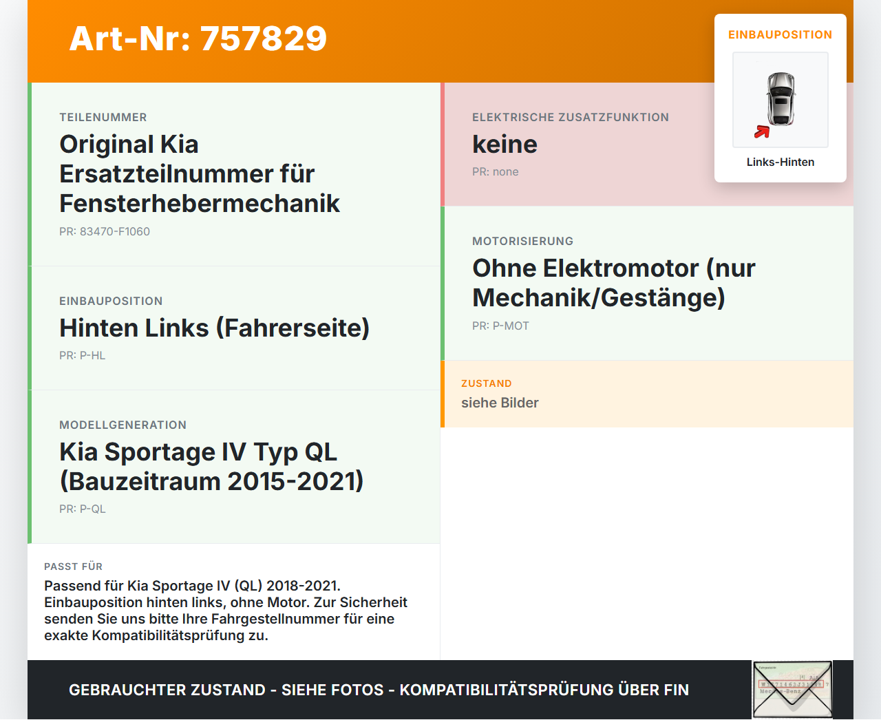 Kia Sportage IV QL 18-21 Fensterheber o. FH-Motor Hinten Links Kia Sportage IV QL 18-21 03.01.2019 83470-F1060 gebraucht Vorschau 3