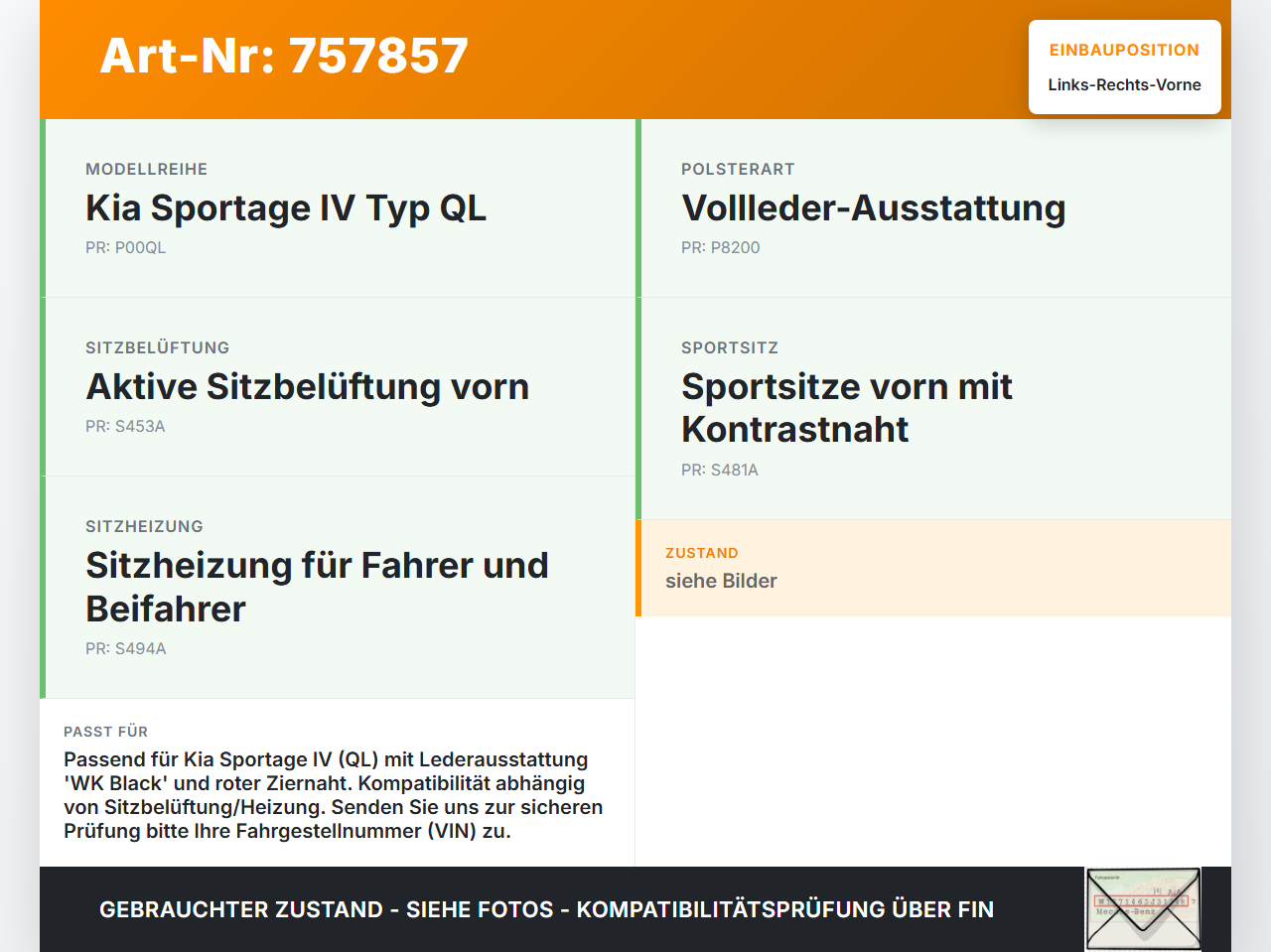 Kia Sportage IV QL 18-21 Kopfstütze für Fahrer Sitz Rechts oder Links Vorne rote Naht Kia Sportage IV QL 18-21... Vorschau 3