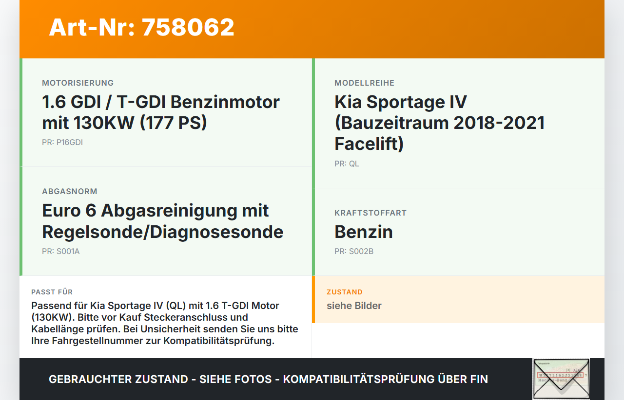 Kia Sportage IV QL 18-21 1,6 130KW Lambdasonde Kia Sportage IV QL 18-21 03.01.2019 gebraucht Vorschau 3