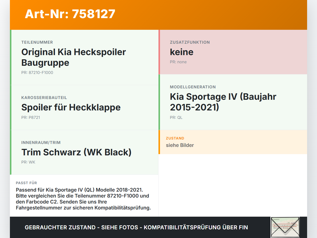 Kia Sportage IV QL 18-21 Spoiler für Heckklappe C2 Kia Sportage IV QL 18-21 03.01.2019 87210-F1000 gebraucht Vorschau 3