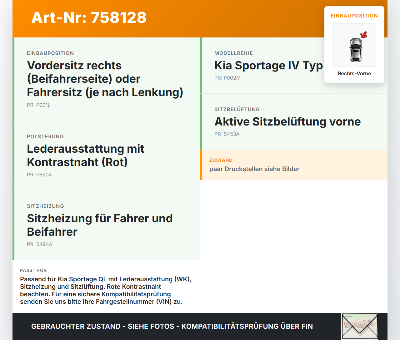 Kia Sportage IV QL 18-21 Sitzpolster für Fahrersitz Sitz Rechts Vorne rote Naht beheizbar Kia Sportage IV QL 18-21... Vorschau 3