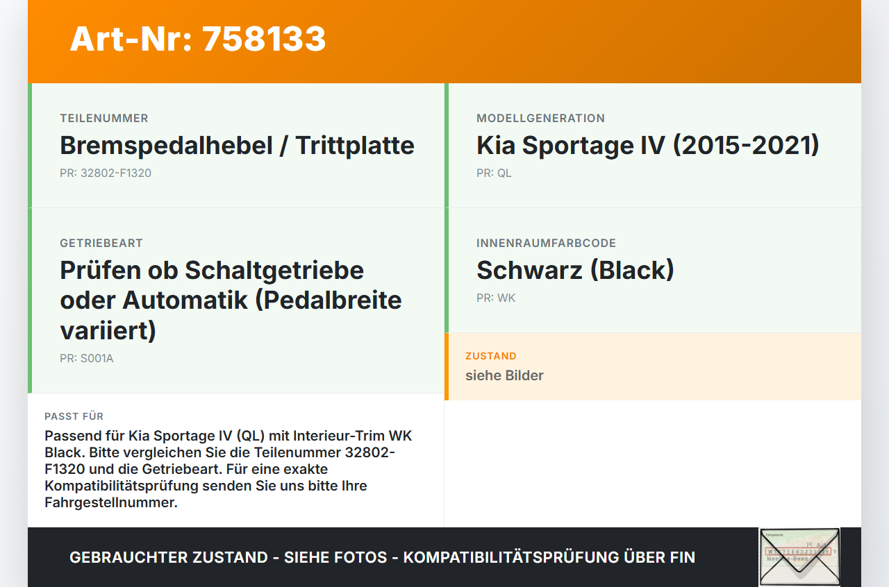 Kia Sportage IV QL 18-21 Pedal Kia Sportage IV QL 18-21 03.01.2019 32802-F1320 gebraucht Vorschau 3