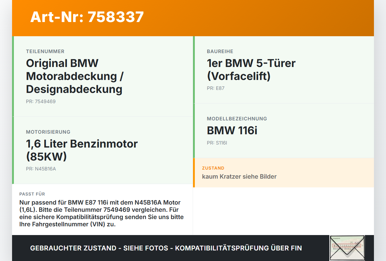 BMW E87 1er 116i 04-07 1,6 85KW N45B16A Motor Abdeckung Deckel Motorabdeckung BMW E87 1er 116i 04-07 15.07.2005... Vorschau 3