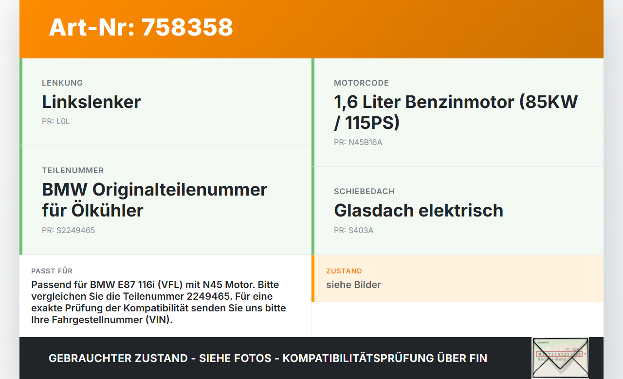 BMW E87 1er 116i 04-07 1,6 85KW Ölkühler BMW E87 1er 116i 04-07 15.07.2005 2249465 17.21-2249465-08 gebraucht Vorschau 3