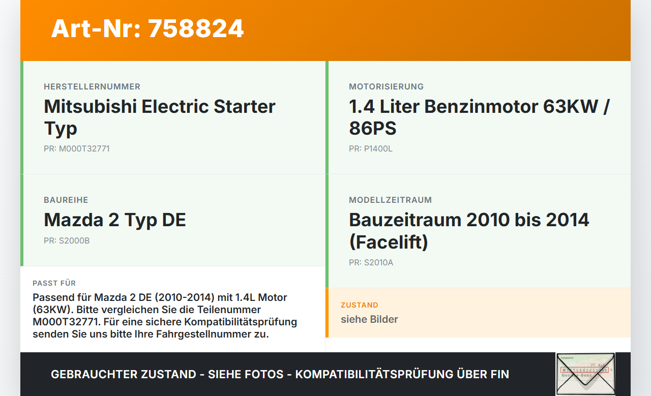 Mazda 2 DE 10-14 1,4 63KW Anlasser Starter Mazda 2 DE 10-14 31.05.2010 M000T32771 gebraucht Vorschau 3