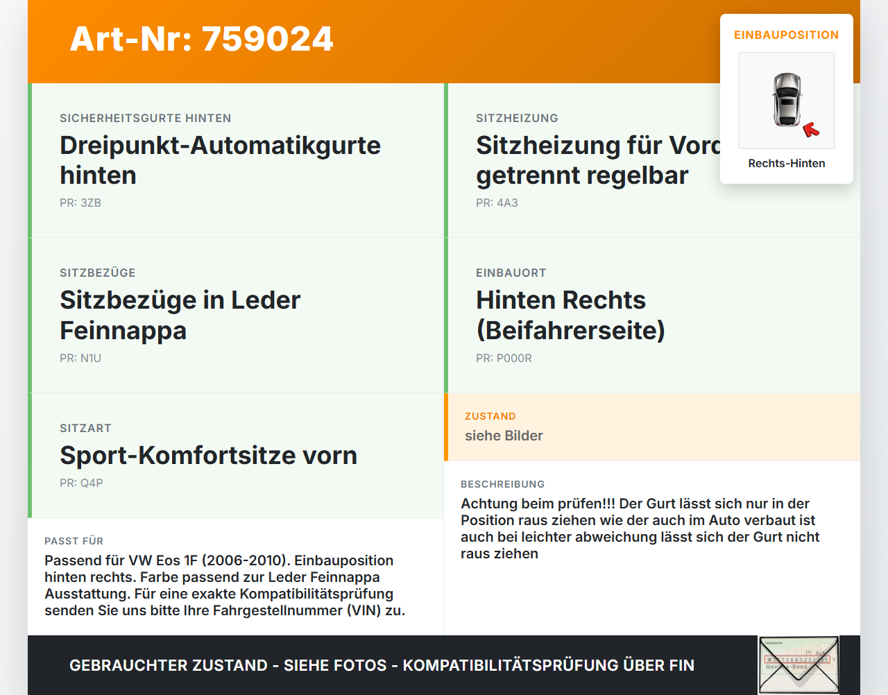 VW EOS 1F 06-10 Gurt Sicherheitsgurt Rechts Hinten VW EOS 1F 06-10 25.05.2009 33055095 gebraucht Vorschau 3