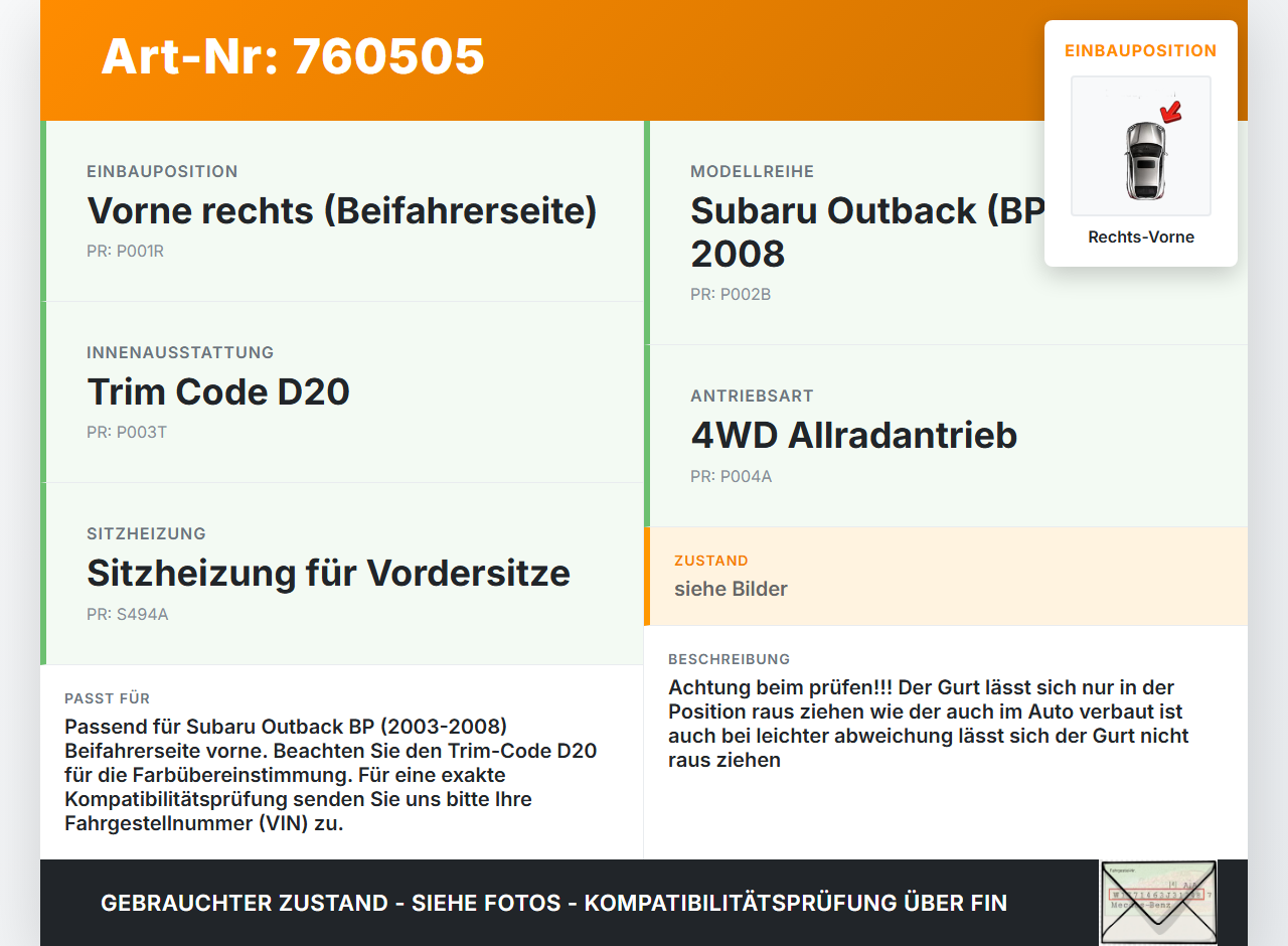 Subaru Outback BP 03-08 Kombi Gurt Sicherheitsgurt Gurtstraffer für Beifahrer Rechts Vorne Subaru Outback BP 03-08... Vorschau 3