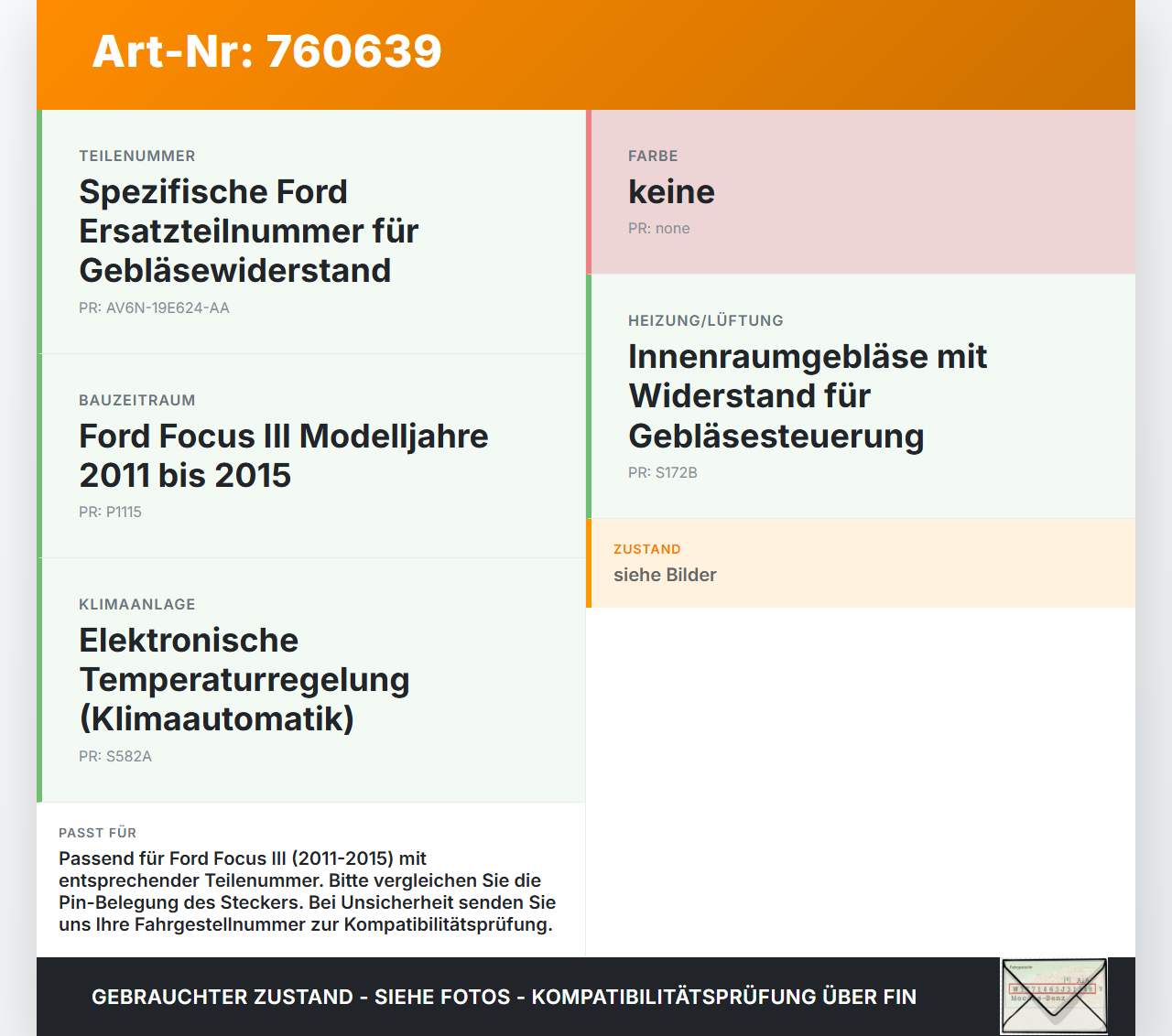 Ford Focus III 11-15 Widerstand Gebläse Lüfter Ford Focus III 11-15 04.06.2013 AV6N-19E624-AA A6005-003-00 gebraucht Vorschau 3