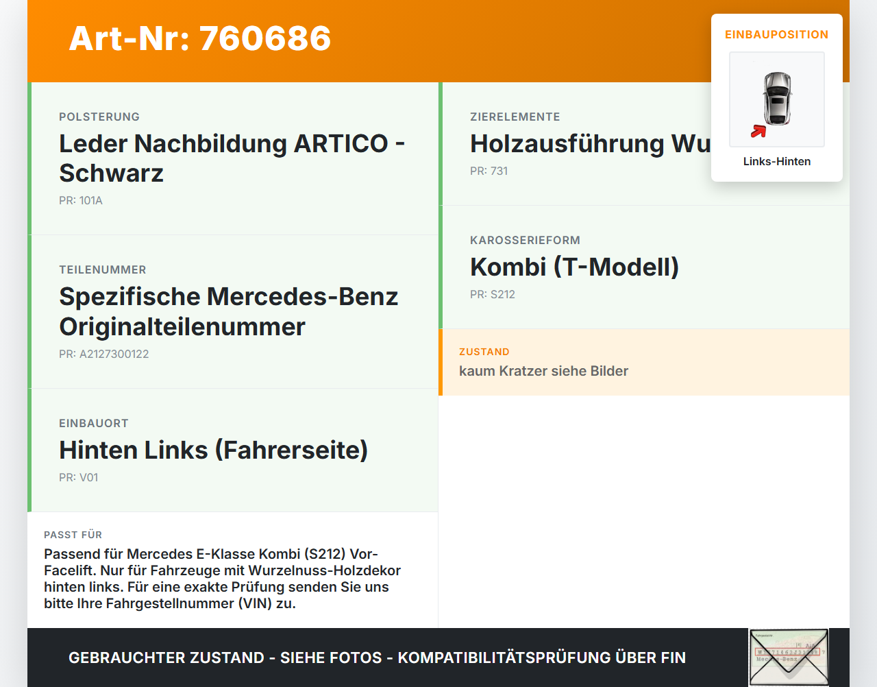 Mercedes W212 S212 E200 09-13 Kombi Türleiste Links Hinten Innen Holzdekor 623U Mercedes W212 S212 E200 09-13... Vorschau 3