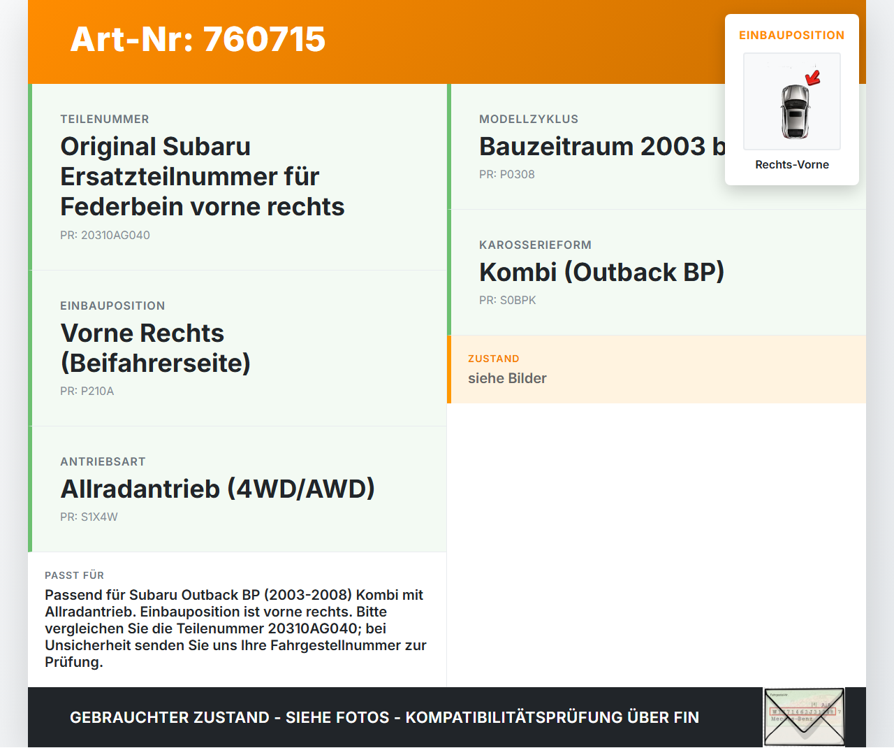 Subaru Outback BP 03-08 Kombi Stossdämpfer Federbein Vorne Rechts Subaru Outback BP 03-08 01.02.2005 20310AG040... Vorschau 3
