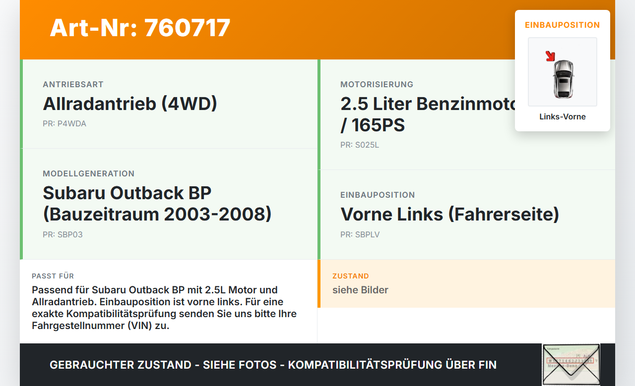 Subaru Outback BP 03-08 2,5 121KW Autom 4WD Antriebswelle Gelenkwelle Links Vorne Subaru Outback BP 03-08... Vorschau 3