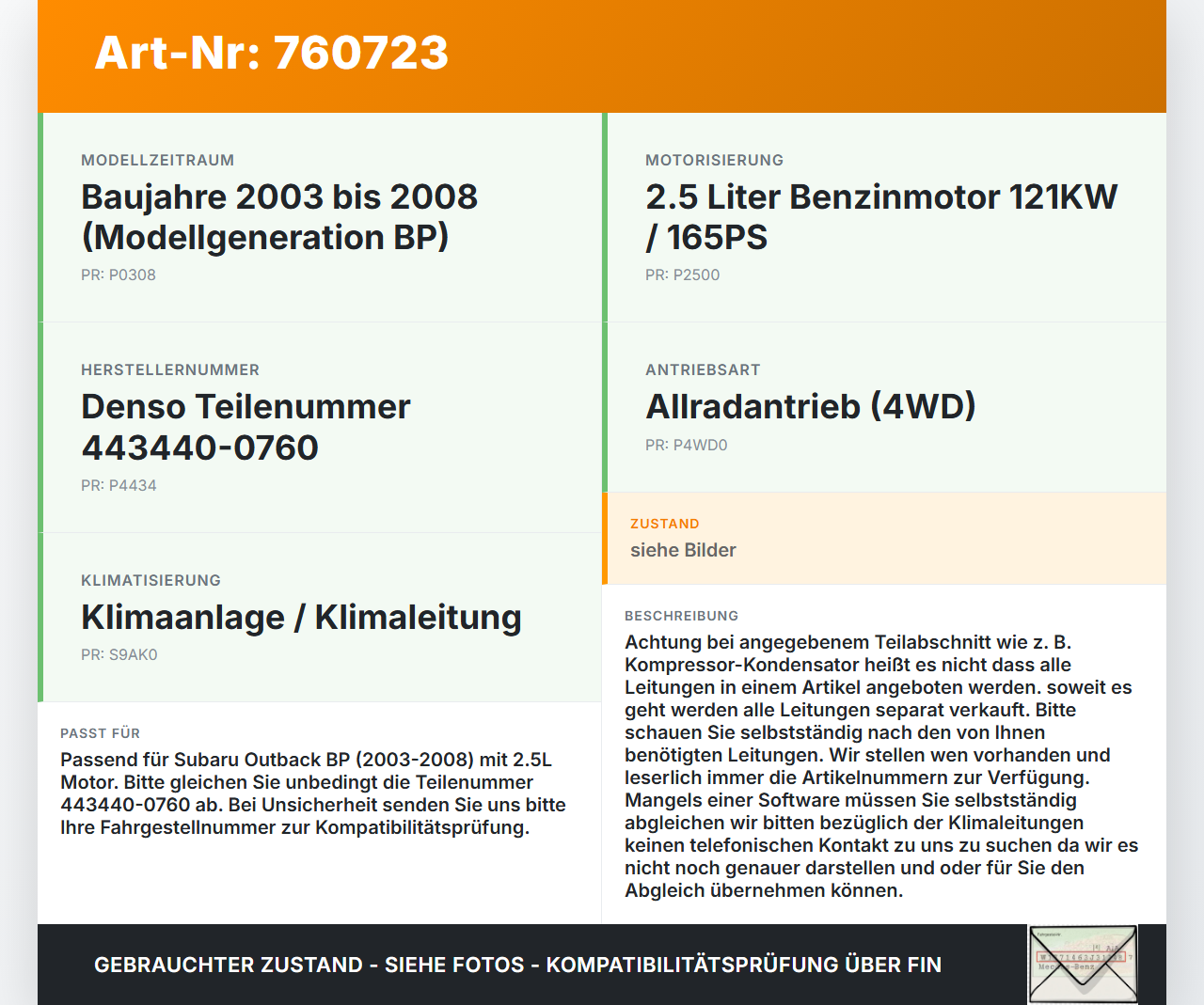 Subaru Outback BP 03-08 2,5 121KW Klimaschlauch Klimaleitung Subaru Outback BP 03-08 01.02.2005 443440-0760 gebraucht Vorschau 3