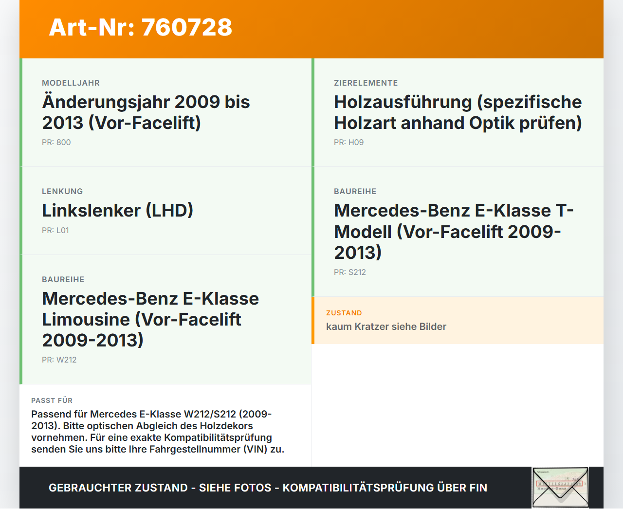 Mercedes W212 S212 E200 09-13 Blende für Armaturenbrett Abdeckung Holzdekor Mercedes W212 S212 E200 09-13... Vorschau 3