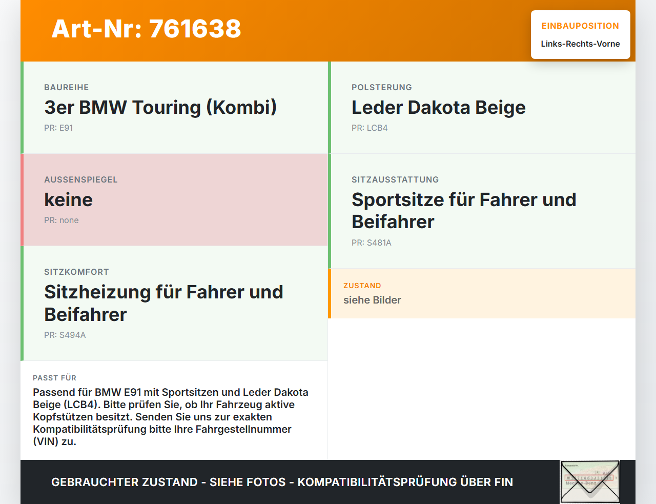 BMW E91 3er 325i 05-08 Kombi Leder Kopfstütze für Beifahrer Sitz Rechts oder Links Vorne BMW E91 3er 325i 05-08... Vorschau 3