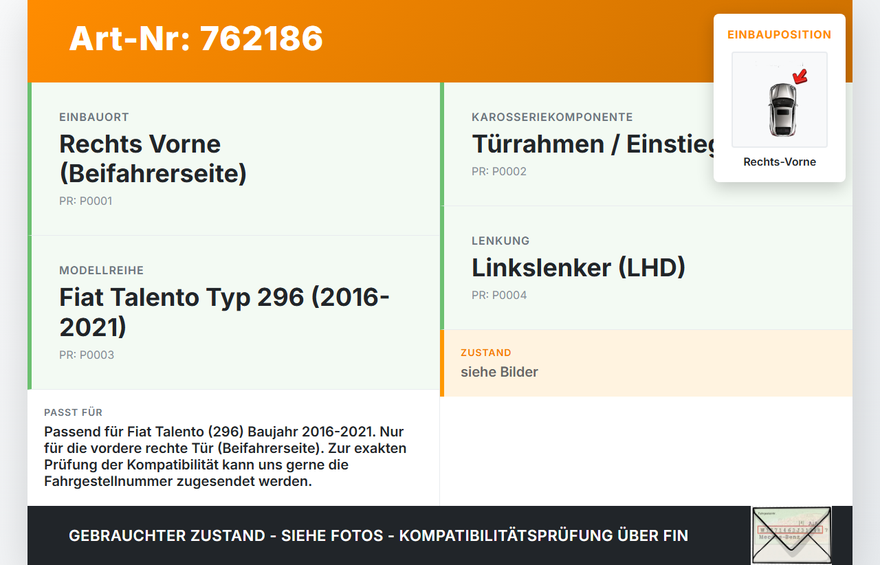 Fiat Talento 296 16-21 Dichtung für Rahmen Tür Rechts Vorne Fiat Talento 296 16-21 03.10.2018 gebraucht Vorschau 3