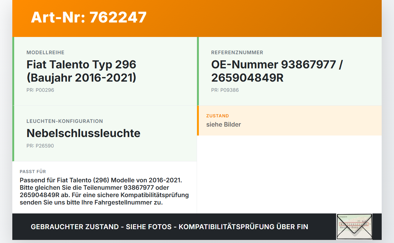 Fiat Talento 296 16-21 Nebelschlussleuchte Fiat Talento 296 16-21 03.10.2018 265904849R gebraucht Vorschau 3