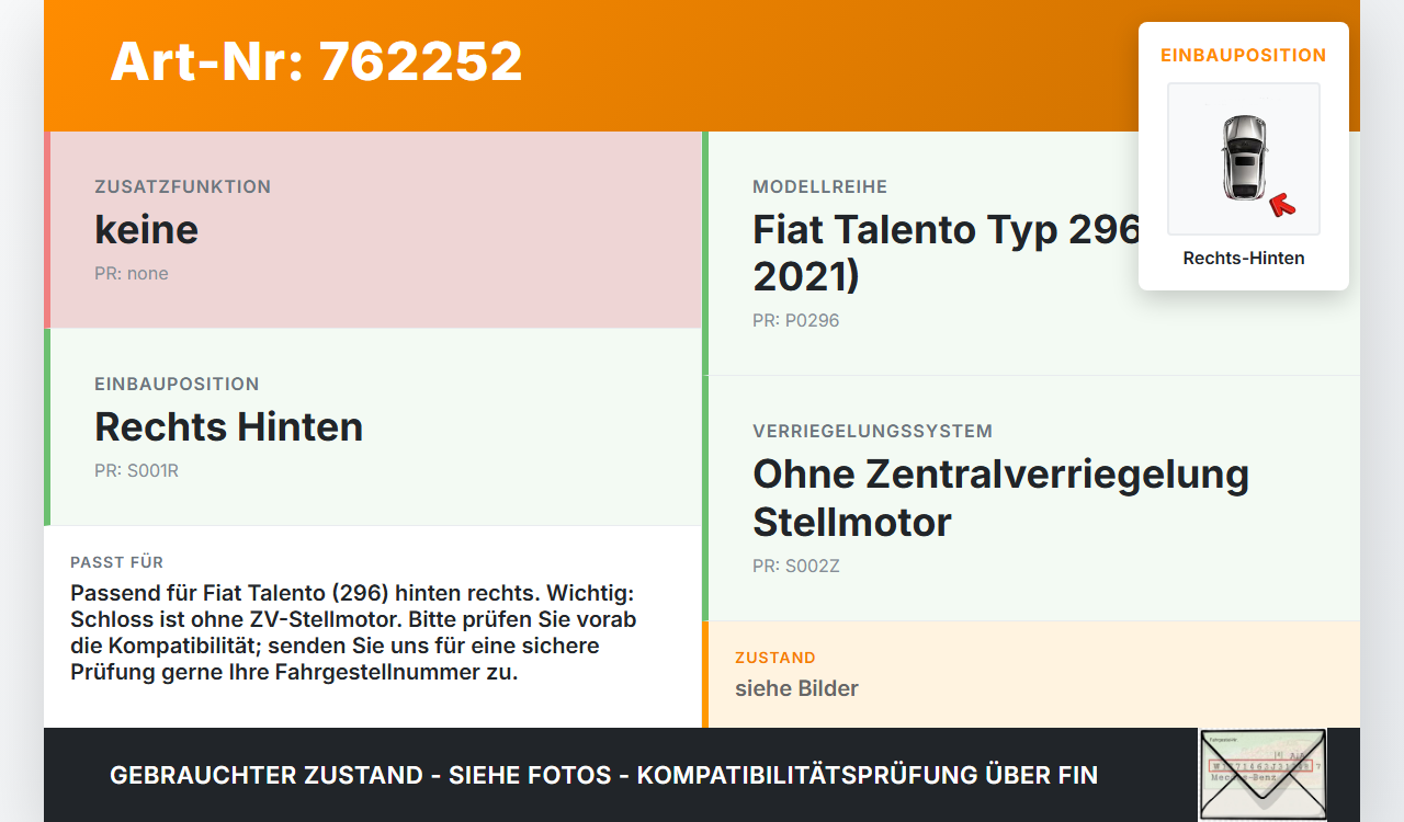 Fiat Talento 296 16-21 Türschloss ohne ZV Stellmotor Rechts Hinten Fiat Talento 296 16-21 03.10.2018 gebraucht Vorschau 3