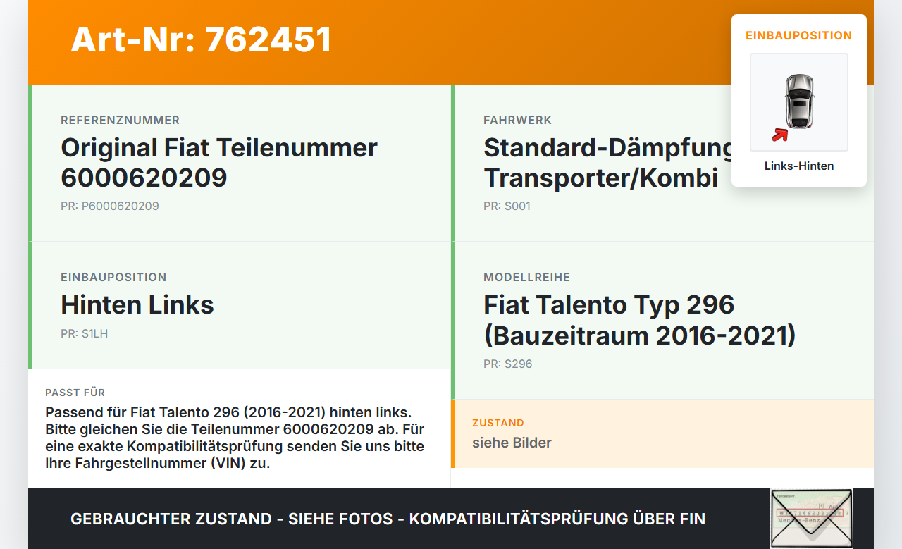 Fiat Talento 296 16-21 Stossdämpfer Links Hinten Fiat Talento 296 16-21 03.10.2018 6000620209 gebraucht Vorschau 3