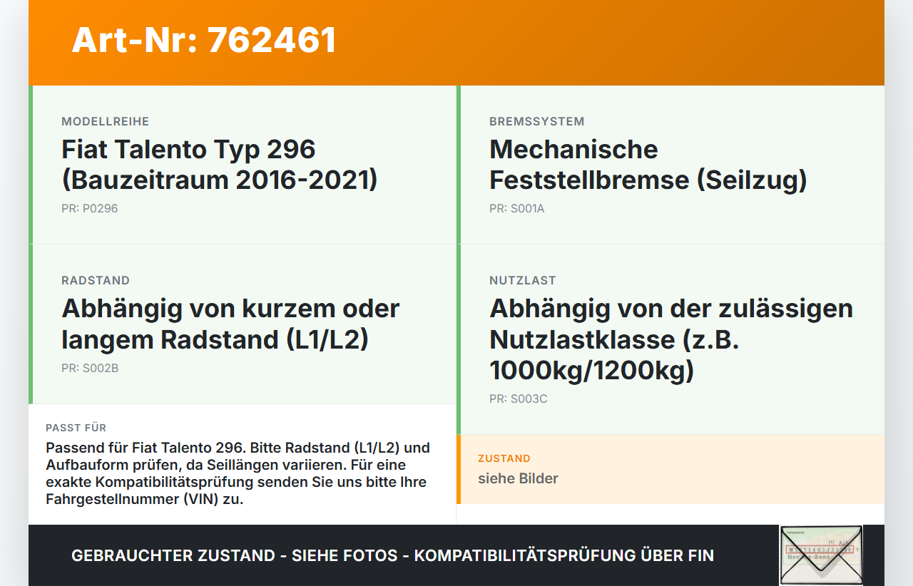 Fiat Talento 296 16-21 Handbremsseil Bremszug Fiat Talento 296 16-21 03.10.2018 gebraucht Vorschau 3