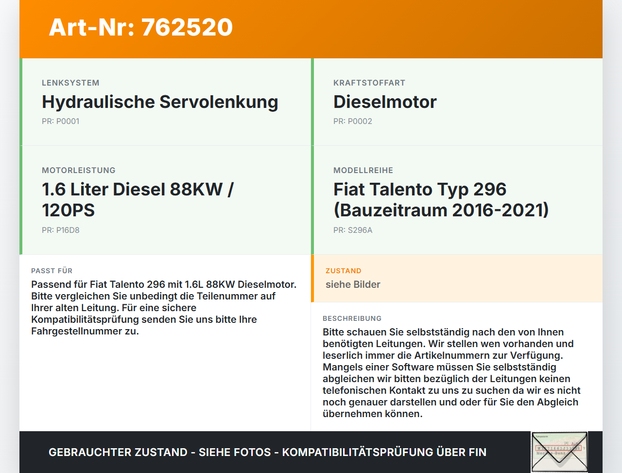 Fiat Talento 296 16-21  1,6 88KW Servo Schlauch Servoleitung Fiat Talento 296 16-21 03.10.2018 gebraucht Vorschau 3
