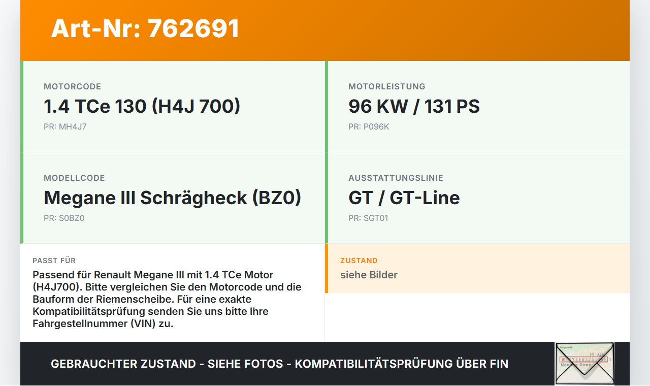 Renault Megane III BZ0 GT 10-12 TCe 1,4 96KW H4J700 Riemenscheibe Renault Megane III BZ0 GT 10-12 27.08.2010 gebraucht Vorschau 3