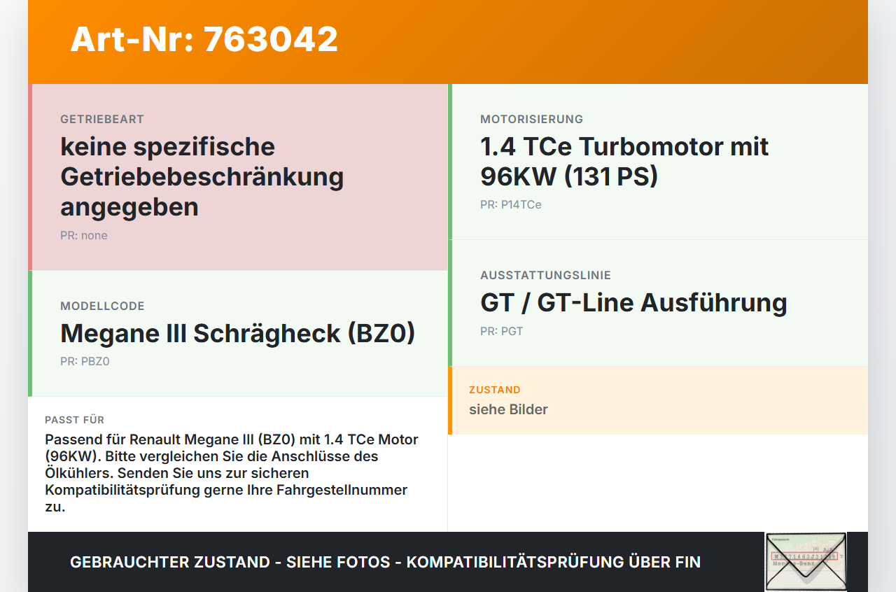Renault Megane III BZ0 GT 10-12 TCe 1,4 96KW Ölkühler Renault Megane III BZ0 GT 10-12 27.08.2010 gebraucht Vorschau 3