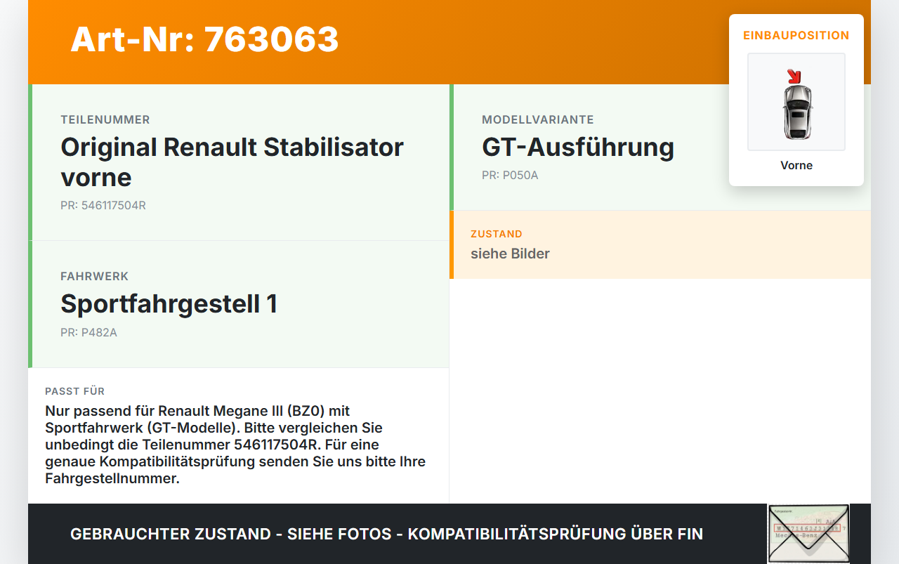 Renault Megane III BZ0 GT 10-12 Stabilisator Stabi Vorne Renault Megane III BZ0 GT 10-12 27.08.2010 546117504R gebraucht Vorschau 3