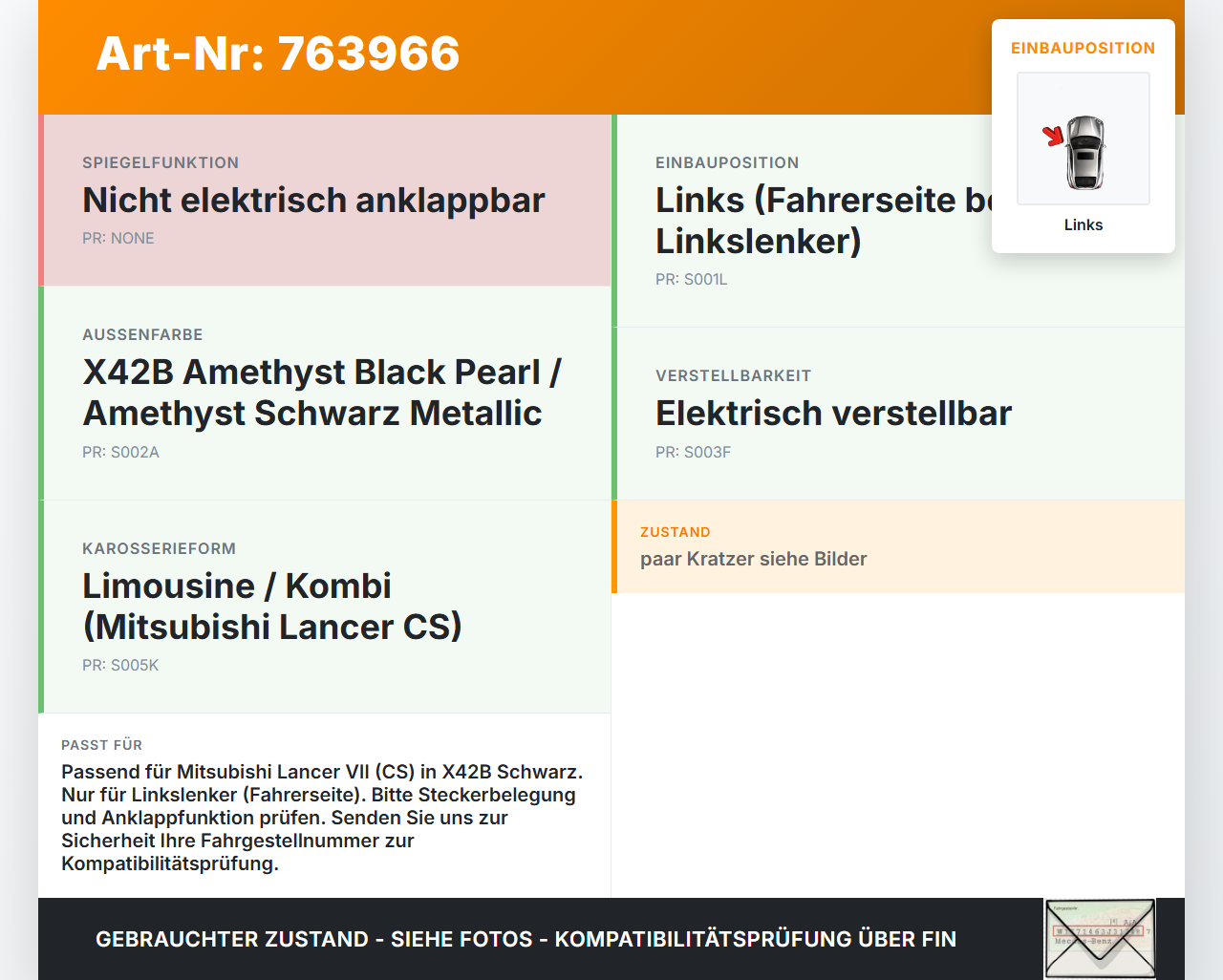 Mitsubishi Lancer VII CS 03-08 Spiegel Aussenspiegel Links X42B Mitsubishi Lancer VII CS 03-08 09.02.2005 gebraucht Vorschau 3