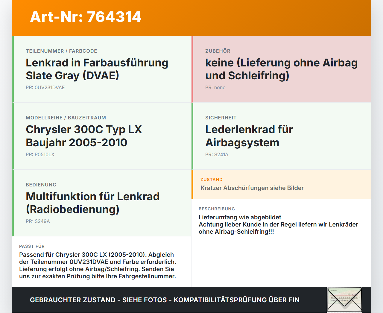 Chrysler 300C LX 05-10 Lenkrad Airbaglenkrad Chrysler 300C LX 05-10 31.03.2006 0UV231DVAE gebraucht Vorschau 3