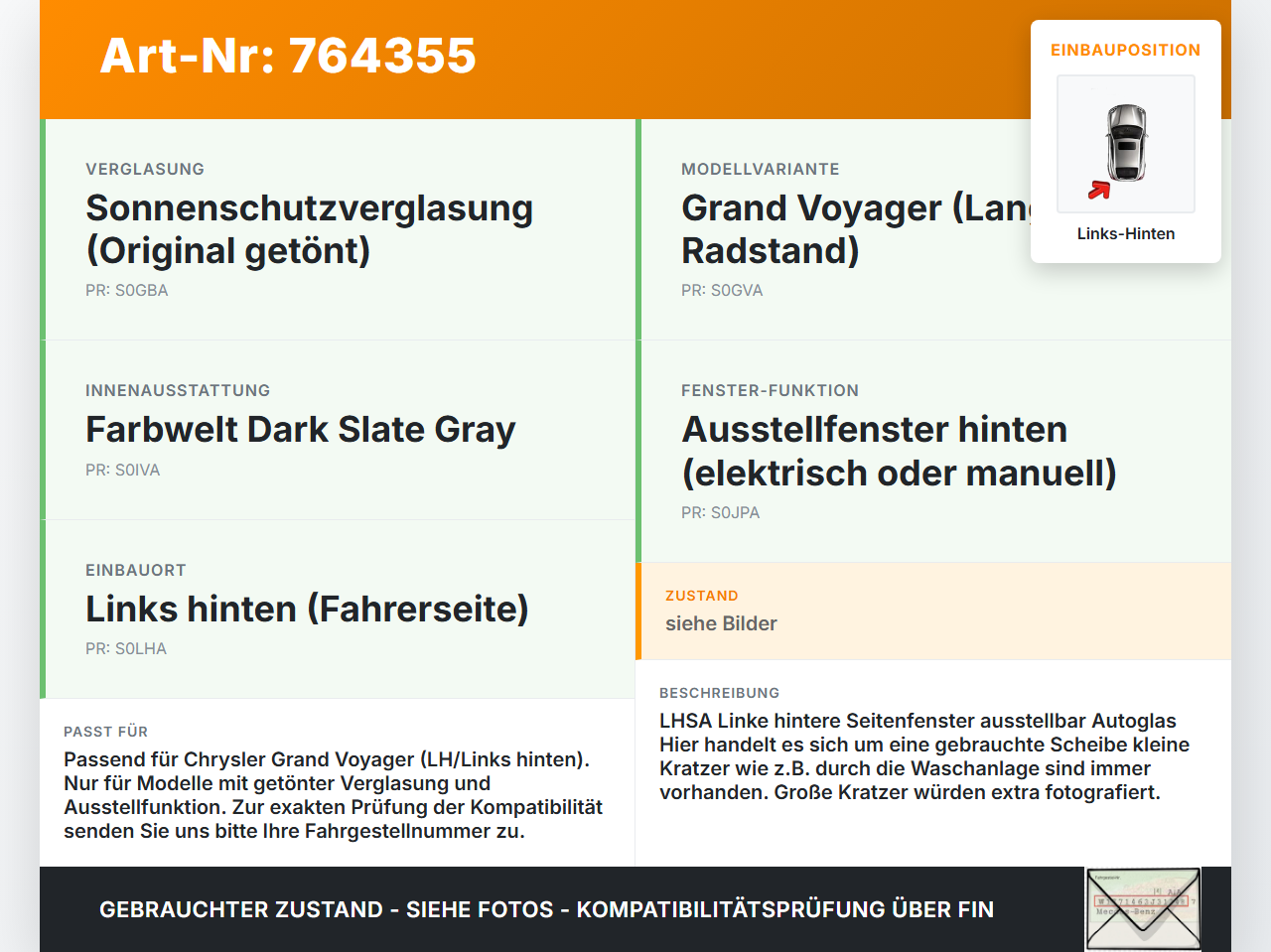 Chrysler Grand Voyager V RT 08-11 LH Ausstell Seitenscheibe Scheibe Links Hinten Orig. getönt Chrysler Grand... Vorschau 3
