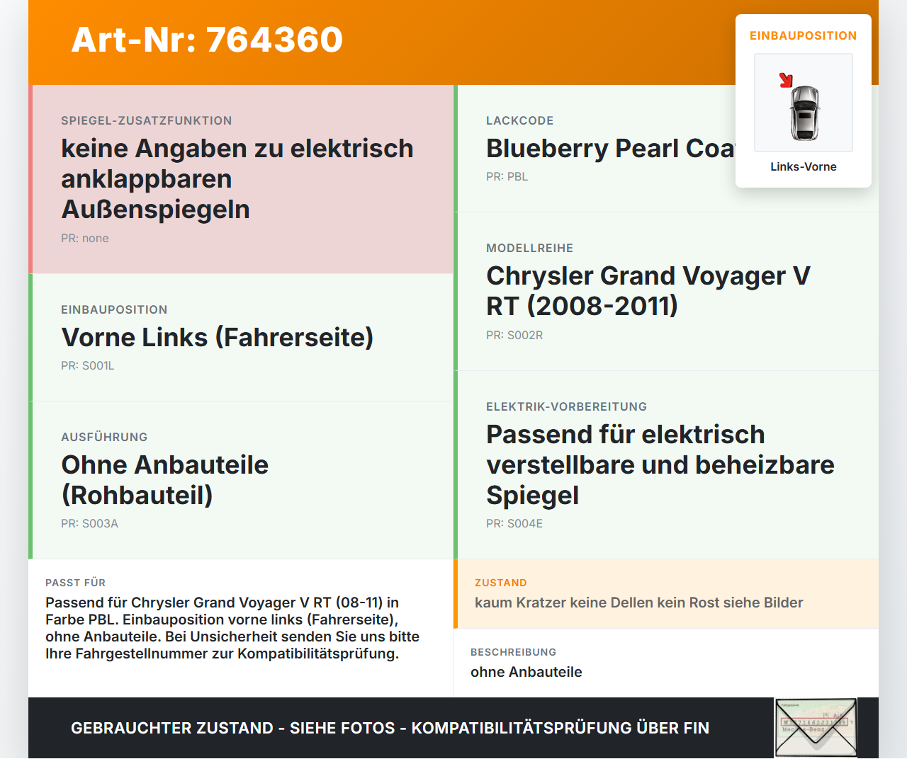 Chrysler Grand Voyager V RT 08-11 Tür Fahrertür Links Vorne PBL Chrysler Grand Voyager V RT 08-11 14.02.2008 gebraucht Vorschau 3