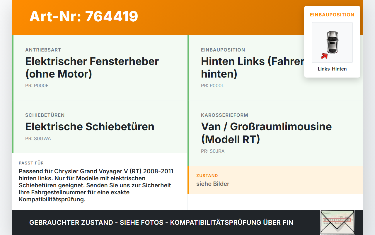 Chrysler Grand Voyager V RT 08-11 Fensterheber o. FH-Motor Hinten Links Chrysler Grand Voyager V RT 08-11... Vorschau 3