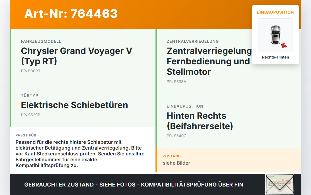 Chrysler Grand Voyager V RT 08-11 Türschloss m. ZV Stellmotor Rechts Hinten Chrysler Grand Voyager V RT 08-11... Vorschau 3