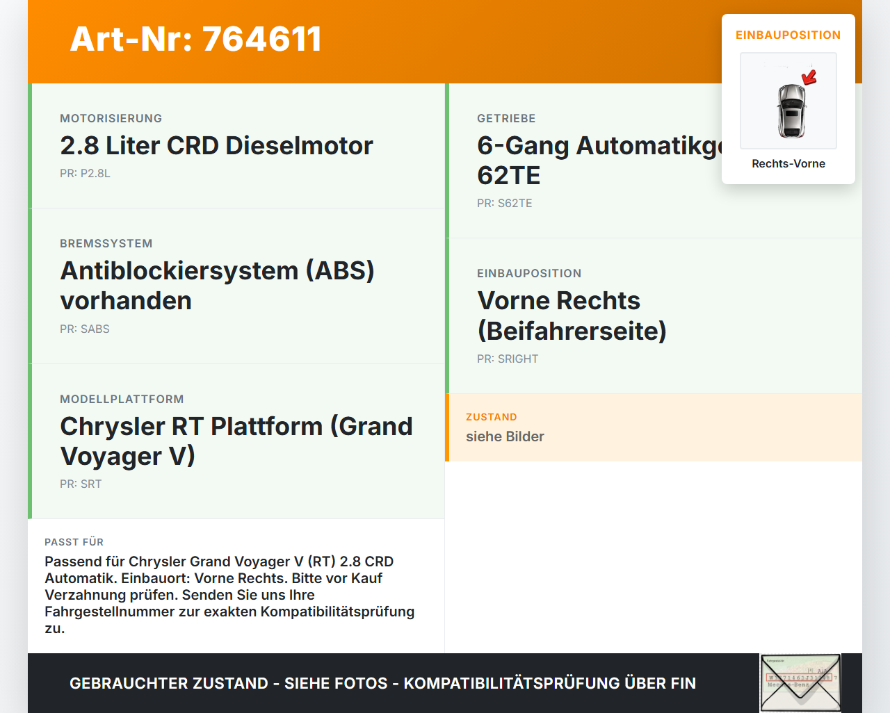 Chrysler Grand Voyager V RT 08-11 CRD 2,8 120KW Autom Antriebswelle Gelenkwelle Rechts Vorne Chrysler Grand Voyager... Vorschau 3