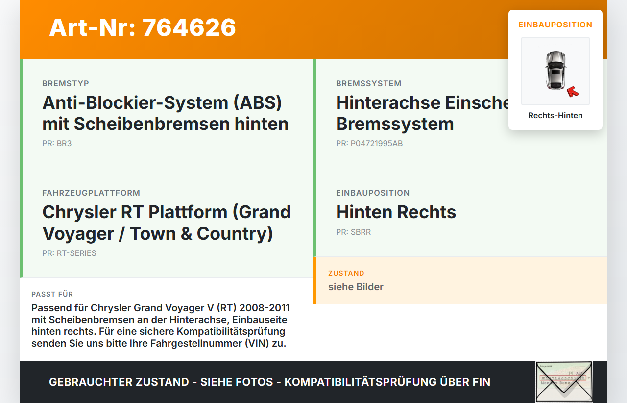 Chrysler Grand Voyager V RT 08-11 CRD 2,8 120KW Bremssattel Bremszange Hinten Rechts Chrysler Grand Voyager V RT... Vorschau 3