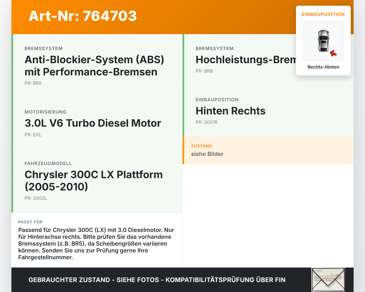 Chrysler 300C LX 05-10 3,0d 160KW Bremssattel Bremszange Hinten Rechts Chrysler 300C LX 05-10 31.03.2006 gebraucht Vorschau 3