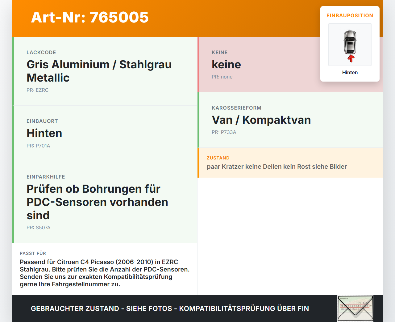 Citroen C4 Picasso 06-10 Van Stoßstange Stoßfänger Hinten EZRC Citroen C4 Picasso 06-10 01.02.2009 gebraucht Vorschau 3