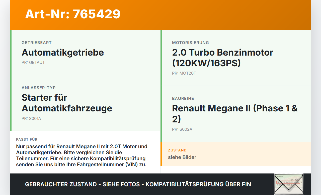 Renault Megane II 03-09 2,0T 120KW Autom Anlasser Starter Renault Megane II 03-09 01.01.2004 gebraucht Vorschau 3