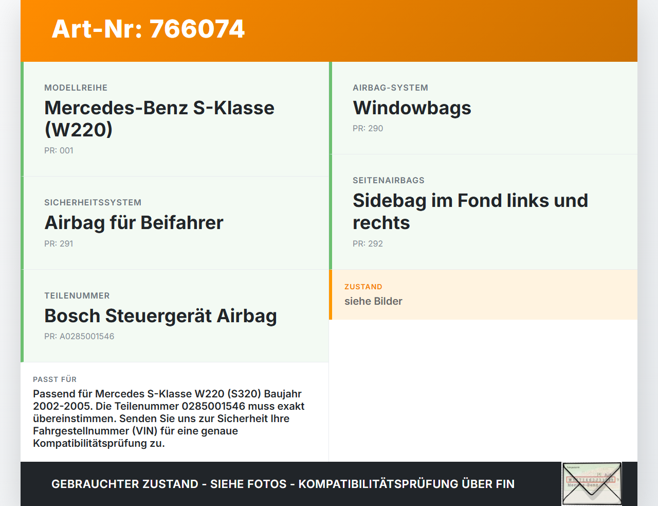 Mercedes S-Kl. W220 S320 02-05 Airbag Steuergerät Airbagsteuergerät SG Mercedes S-Kl. W220 S320 02-05 01.09.2004... Vorschau 3