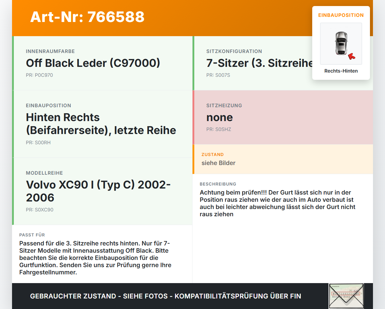 Volvo XC90 I 02-06 Kombi Gurt Sicherheitsgurt Rechts Hinten letzte Reihe Volvo XC90 I 02-06 04.07.2006 601239900... Vorschau 3
