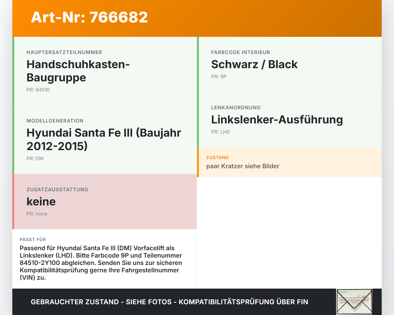 Hyundai Santa Fe III DM 12-15 Handschuhfach Hyundai Santa Fe III DM 12-15 01.02.2015 84510-2Y1009P gebraucht Vorschau 3