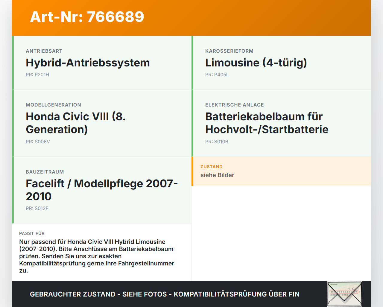 Honda Civic VIII Hybrid 07-10 Lim Kabelbaum für Batterie Batteriekabel Honda Civic VIII Hybrid 07-10 01.01.2008... Vorschau 3