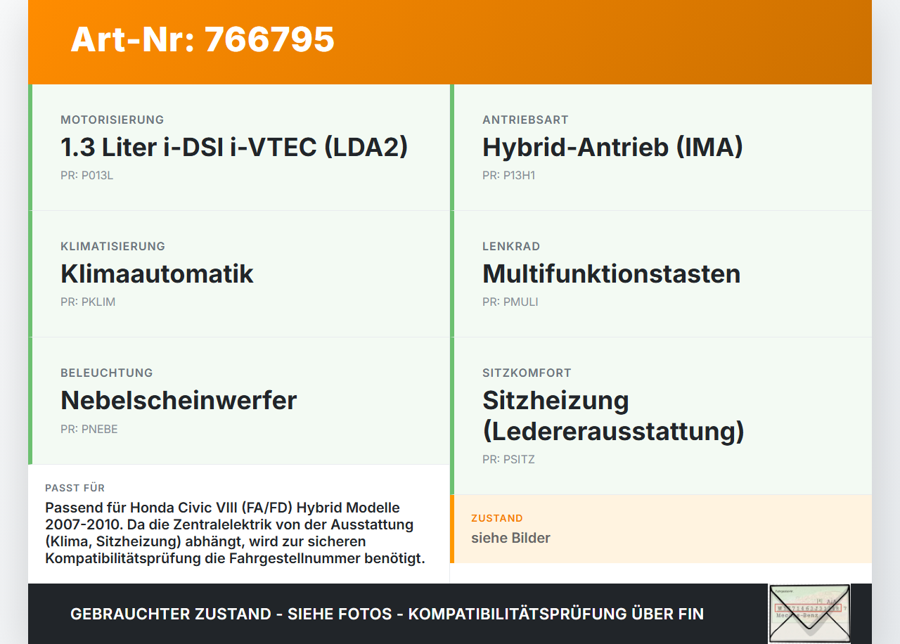 Honda Civic VIII Hybrid 07-10 1,3 70KW Sicherungskasten Zentralelektrik Honda Civic VIII Hybrid 07-10 01.01.2008... Vorschau 3