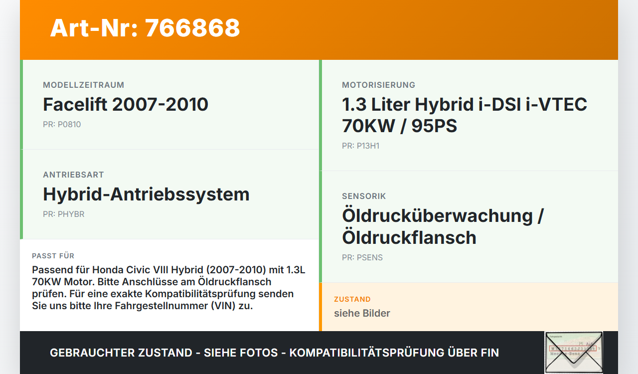 Honda Civic VIII Hybrid 07-10 1,3 70KW Öldrucksensor Öldruckflansch Honda Civic VIII Hybrid 07-10 01.01.2008... Vorschau 3